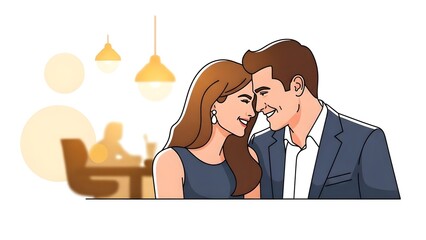 Couple embracing and smiling together in a restaurant setting with warm lighting.