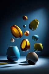 A surreal composition of floating ceramic vessels illuminated by dramatic light