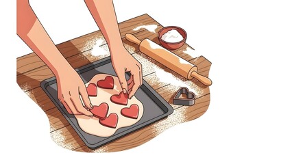 Hands cutting heart-shaped cookies from dough on a baking tray
