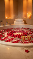 Luxurious Romantic Spa Bath for Two with Abundant Red Rose Petals and Champagne Flutes, Relaxing Ambiance