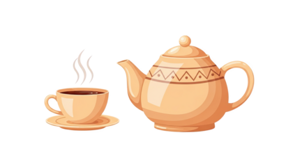 Vintage Ceramic Teapot and Steaming Cup on Transparent Background with Elegant Design Pattern