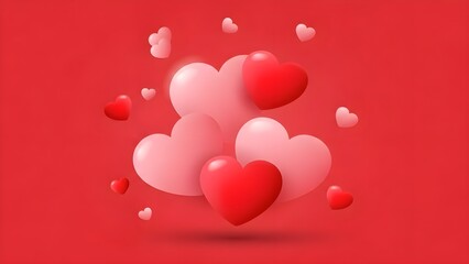 Cluster of red and pink hearts floating against a red background