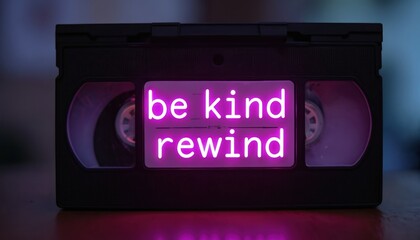 Retro VHS tape glows with neon purple be kind rewind text. Analog media reminder evokes nostalgia for 80s and 90s video formats. Classic message prompts viewers to care for old tapes.