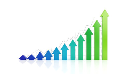 3D illustration of a business growth chart with an upward arrow on a white background signifying financial success and market progress through a professional data report