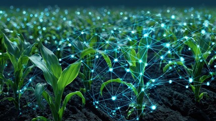 A futuristic field with green plants connected by a digital network, representing the fusion of agriculture and technology.