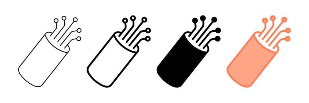 Set of minimalist fiber optic cable icons with transparent background, depicting high-speed internet, data communication, and network connectivity symbols, vector illustration