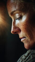 An intimate portrait capturing the natural details of a human face fine lines, freckles, and small scars that tell personal stories