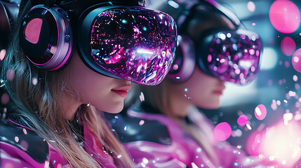 Cinematic close up of two young women wearing virtual reality headsets, immersed in vibrant digital world filled with colorful lights and sparkles