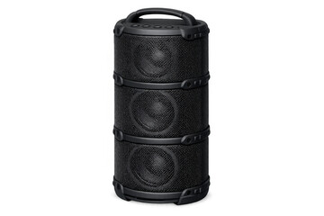 Naklejka premium Black cylindrical audio device with multiple speakers and a handle, providing mobile sound for modern listening experiences