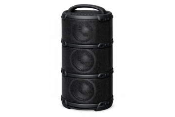 Black cylindrical audio device with multiple speakers and a handle, providing mobile sound for modern listening experiences