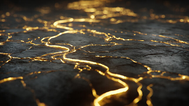 A close-up shot of molten lava flowing through cracks in hardened earth