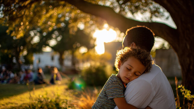 Toddler sleeping peacefully on parent shoulder outdoors in warm sunlight, serene family moment - Powered by Adobe