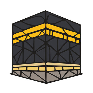 A simplified geometric rendering of the Kaaba highlighting its golden embroidery, created for instructional posters and pilgrimage-related designs.