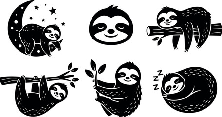 Sloth vector illustration collection showing cute black and white sloths in various poses and activities © PixelPaletteArt