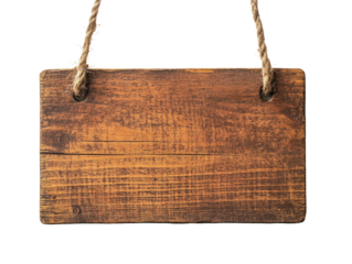 Hanging rustic wooden signboard with rope