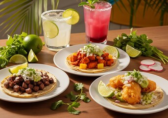 Assortment of savory street style tacos accompanies refreshing lime and fruit beverages on a wooden surface