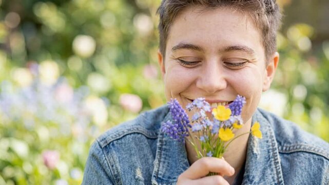 Close-up of a non-binary person smelling wildflowers and smiling at camera in a spring garden