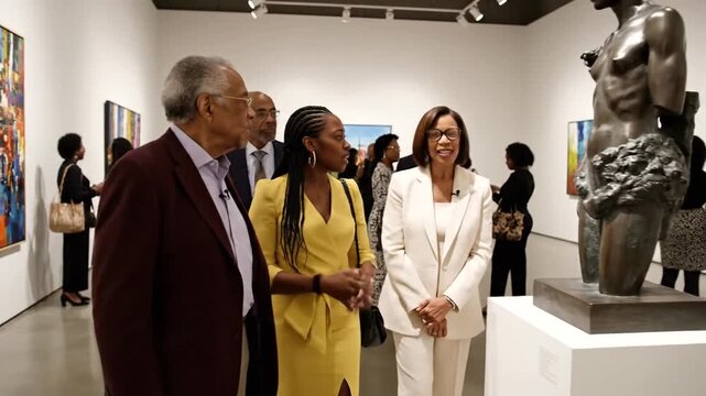 Art enthusiasts engage in conversation at a vibrant gallery exhibition