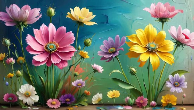 Vibrant colorful flowers on a wall.