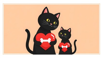 Two black cats holding red hearts with bones on a peach background