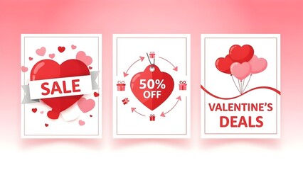 Valentine's Day sale banners with hearts and gift boxes on pink background
