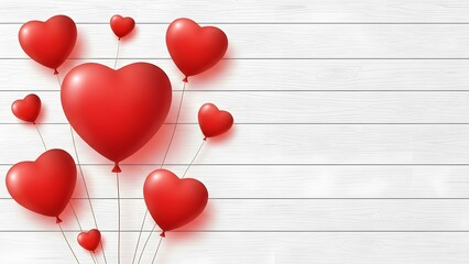 Cluster of red heart-shaped balloons on white wooden planks background
