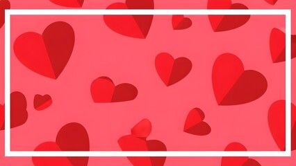 Red hearts scattered on a pink background with a white rectangular border