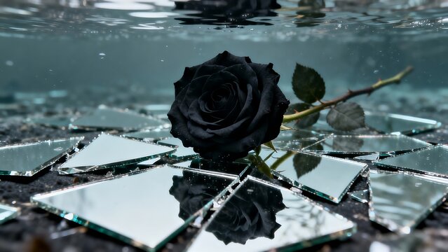 A solitary black rose rests among shattered mirror fragments beneath the tranquil water surface