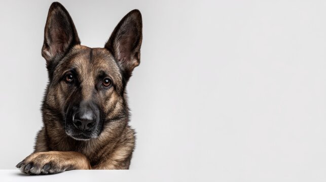 German Shepherd Dog Close-up with Serious Expression on White Background