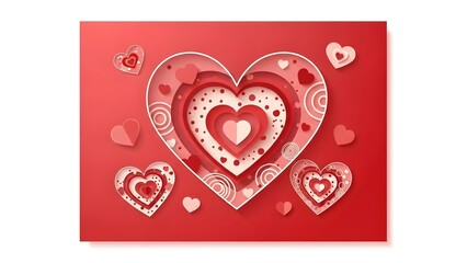 Layered paper cutout hearts in various shades of red on red background