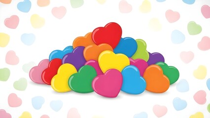 Colorful hearts scattered on white background with shiny heart pile center