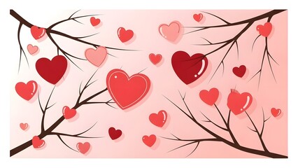 Red and pink hearts hanging from brown tree branches on a pink background