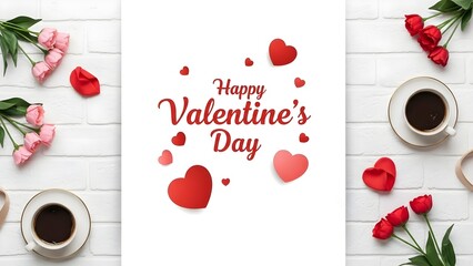 Valentine's Day greeting card with flowers, coffee, and hearts on white brick background