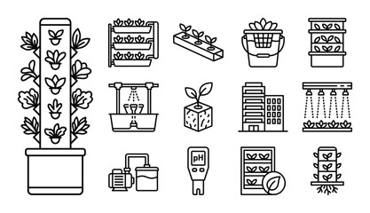 Vertical farming and hydroponics icons for modern urban agriculture and sustainable crop cultivation