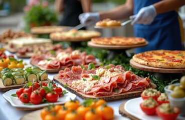 Obraz premium Outdoor buffet table laden with pizza, cured meats, stuffed tomatoes, zucchini rolls, and cheeses. Catering staff serve more food. Delicious appetisers are arranged attractively for a party or event.