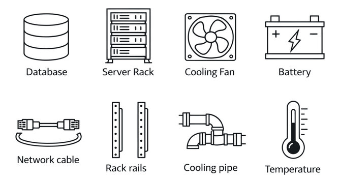 Line art IT infrastructure icons set featuring database, server rack, cooling fan, and network equipment for IT infrastructure and data center concepts
