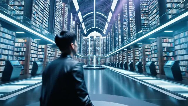 A man in a futuristic library interacting with a glowing blue globe