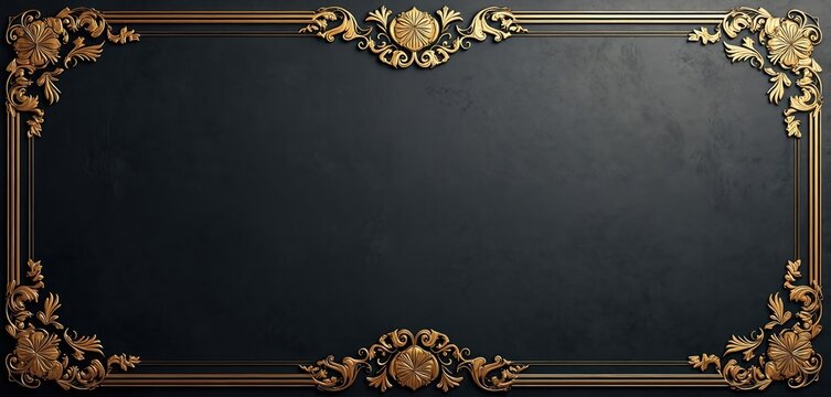 Ornate gold frame border with classic scrollwork and floral motifs on textured dark background. Empty space for text message or graphic element, decorative vintage design.