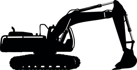 Excavator silhouette vector artwork showcasing heavy construction machinery with digging bucket and tracked wheels in industrial design style © PixelPaletteArt