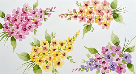 Hand painted watercolor floral clusters display various bright colors against a white background