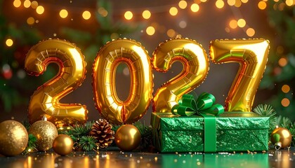 A festive Christmas celebration features a green fir tree branch adorned with a gold bauble ornament and a holiday gift box for the winter season 2027