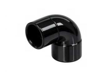 Black gloss pvc 90-degree elbow pipe fitting on a seamless transparent background, connecting industrial water and drainage lines