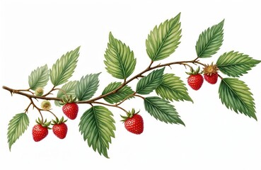 Obraz premium Illustration of raspberry branch with green leaves and ripe red berries. The artwork features detailed botanical elements on a clean white background, perfect for design needs.