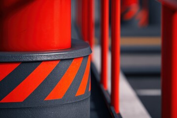Close-up view! of a red barrier with diagonal black stripes, metal post, shallow depth, urban street backdrop