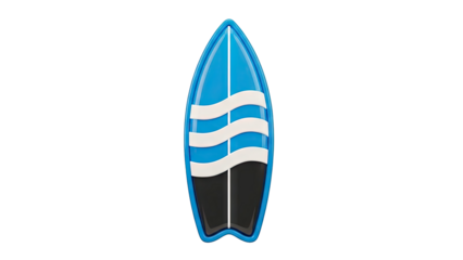 Blue surfboard with white wave design and black tail