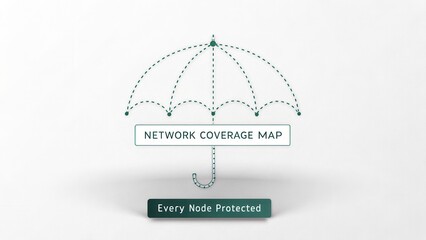 Network Coverage Map Concept with Umbrella Design Illustrating Protection for Every Node in a Communication System