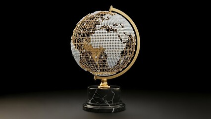 Ornate Golden Globe with Pearl Continents on Marble Base world earth