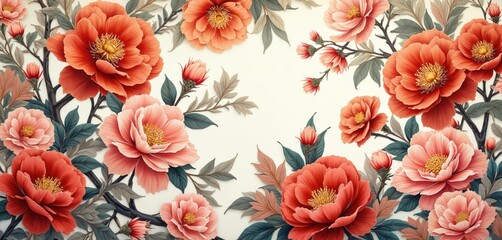 Detailed illustration of blooming peonies and leaves in vibrant coral and pink hues. Rich floral pattern on light background. Perfect for decor textile fabric surface.