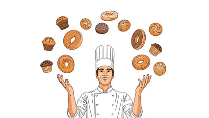 Smiling pastry chef wearing a white uniform and hat while skillfully juggling various types of bread donuts and muffins in the air.
