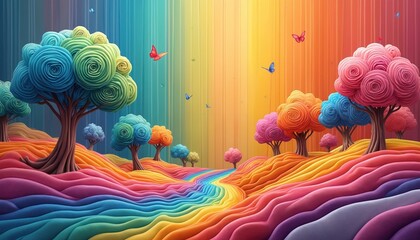 Fototapeta premium Whimsical landscape with candy-like rolling hills and stylized trees in bright rainbow colors. Butterflies flutter in a sky with vertical stripes of vibrant hues. Surreal fantasy scene.